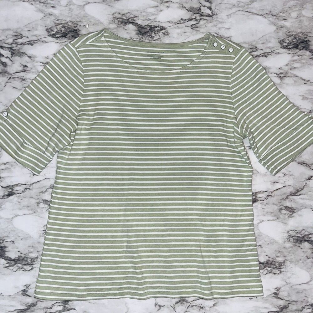 Christopher & Banks Striped Sweater Women Size Lg Green White Puff Sleeve Button